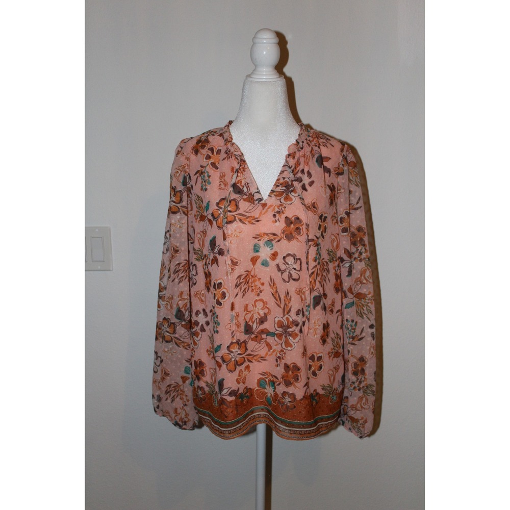 Joie‎ Womens Floral Clip Dot Blouse Peach Long Sleeve V-Neck Tie Top Size M NWT